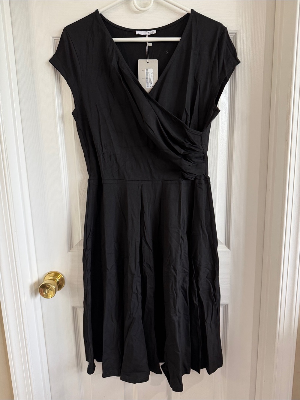 NWT Classic Black Faux-Wrap Midi Dress with Cap Sleeves